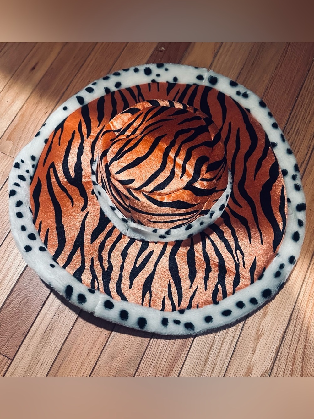 Orange Tiger Print Wide-Brim Hat with Faux Fur Trim